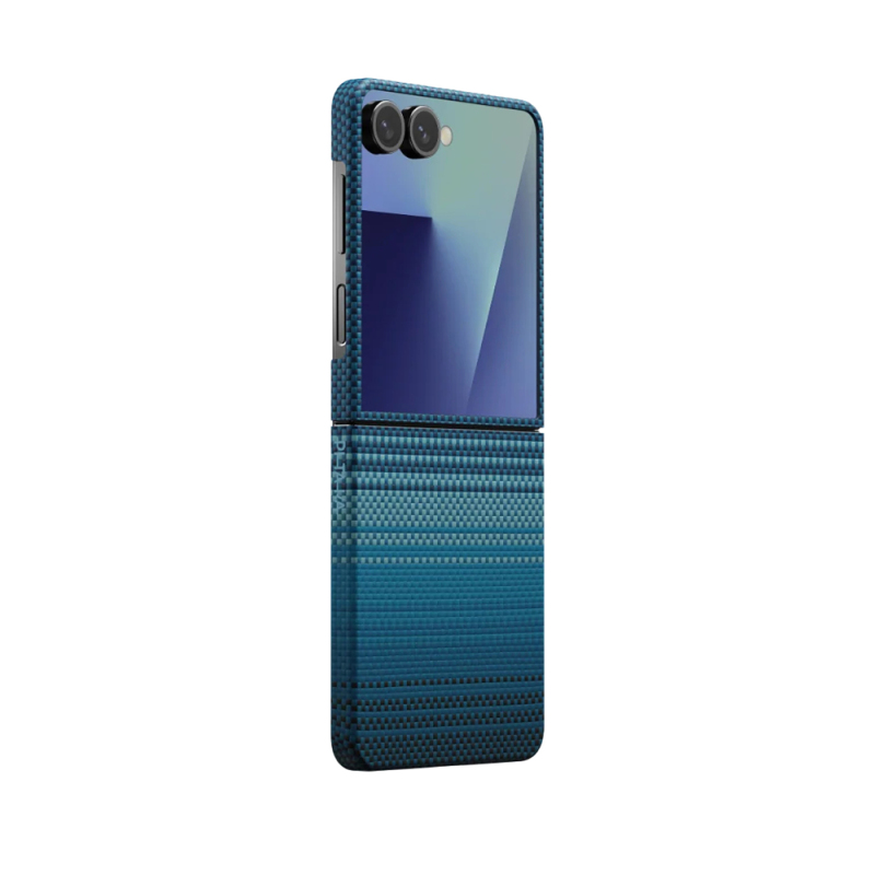 Galaxy Z Flip 7 Kılıf M-safe Şarj Özellikli Aramid Fiber Pitaka Tactile Woven Sunset-Moonrise Serisi Kapak - 1