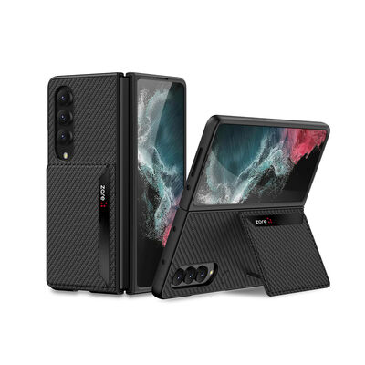 Galaxy Z Fold 4 Case Carbonfiber Back Surface Zore Silicone Cover with Card Holder - 1