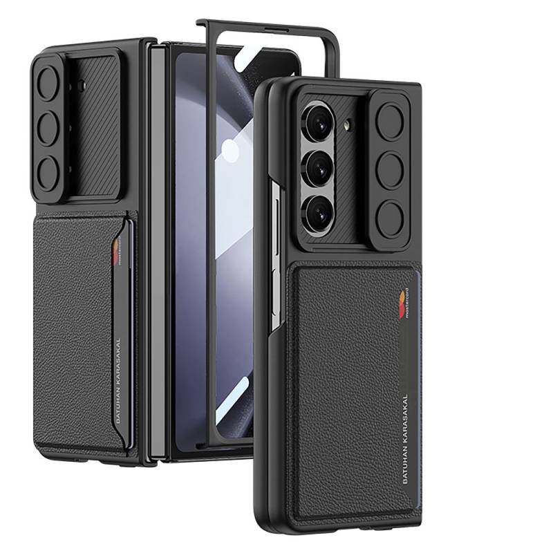 Galaxy Z Fold 5 Artificial Leather Back Surface Sliding Camera Protected Zore Card Holder Silicone Cover - 1