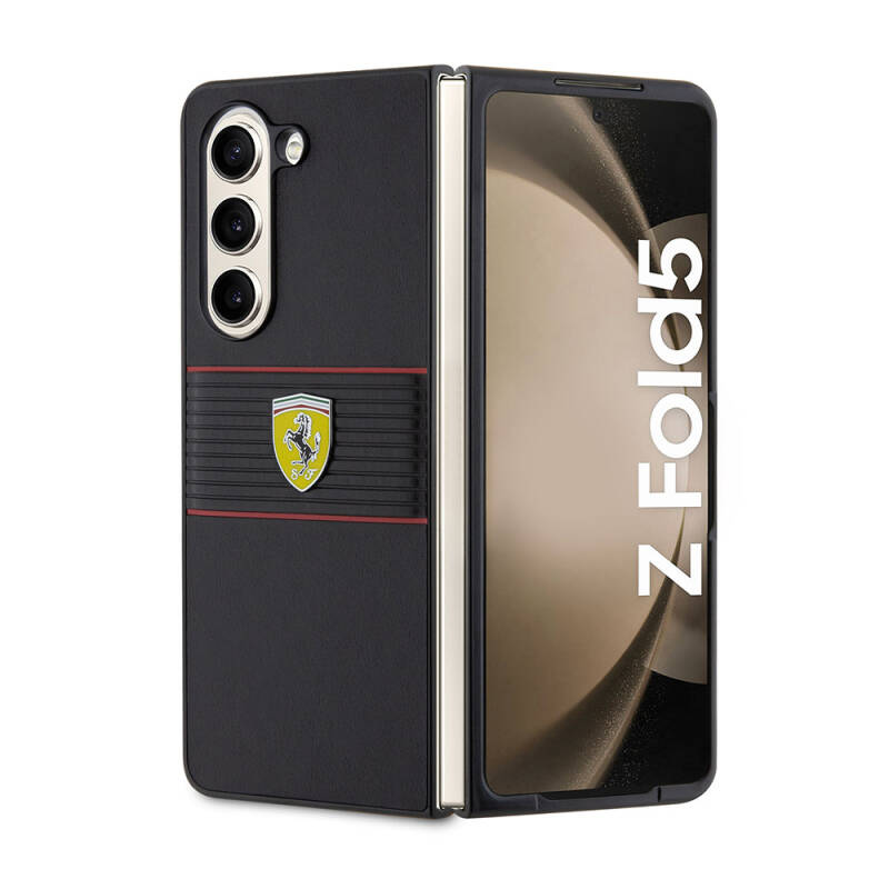 Galaxy Z Fold 5 Case Ferrari Original Licensed PU Leather Metal Logo Multi Striped Cover - 1