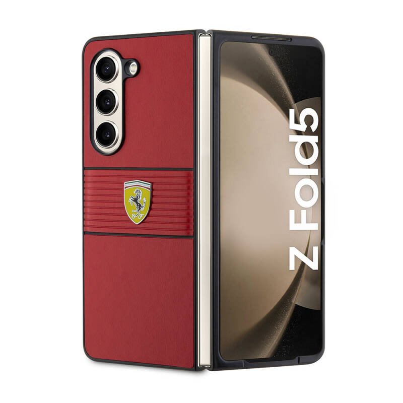 Galaxy Z Fold 5 Case Ferrari Original Licensed PU Leather Metal Logo Multi Striped Cover - 9