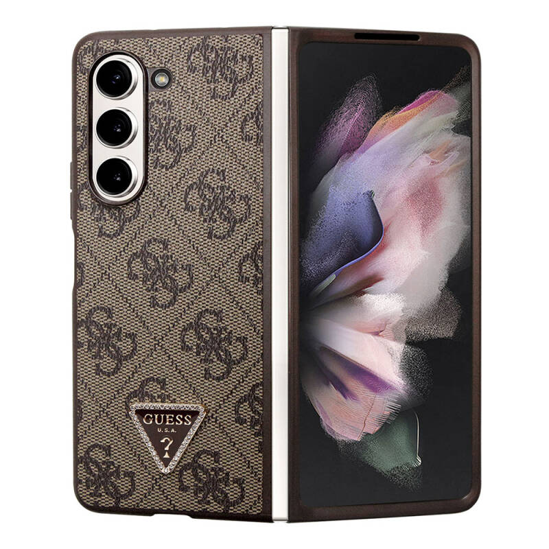 Galaxy Z Fold 5 Case Guess Original Licensed PU Leather Stoned Triangle Logo 4G Patterned Strass Cover - 1