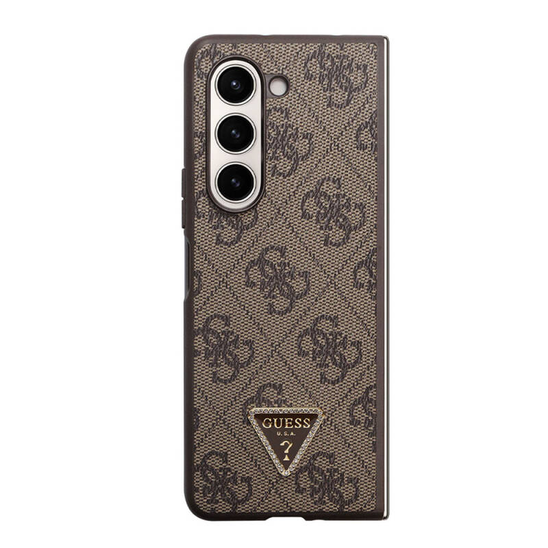 Galaxy Z Fold 5 Case Guess Original Licensed PU Leather Stoned Triangle Logo 4G Patterned Strass Cover - 2