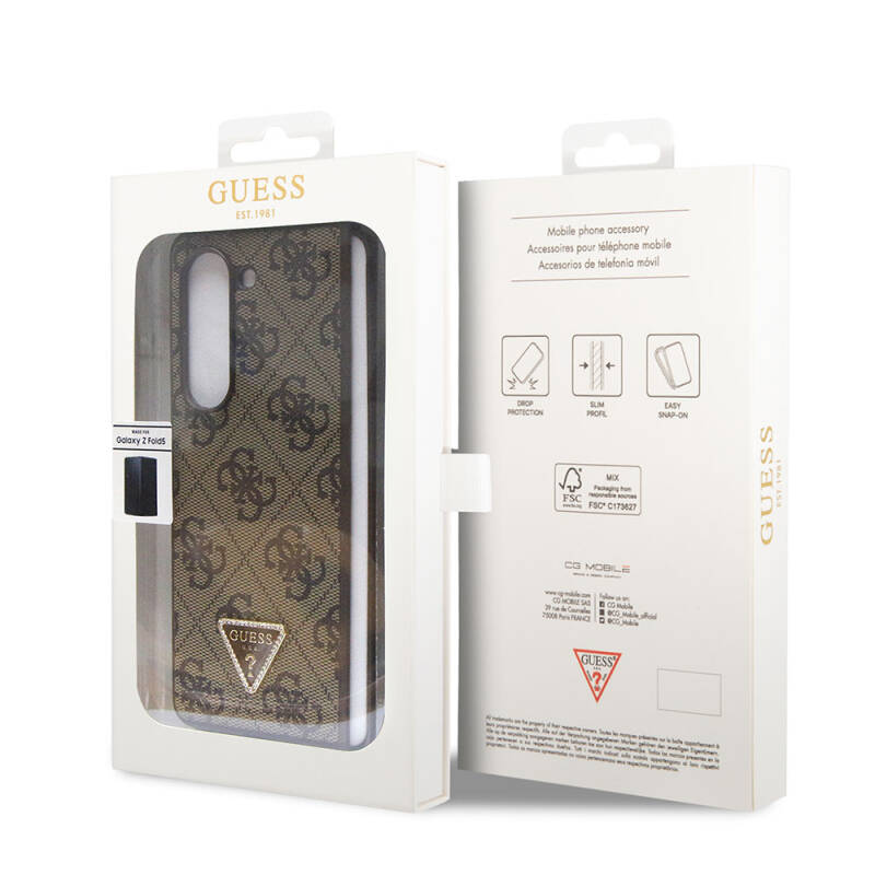 Galaxy Z Fold 5 Case Guess Original Licensed PU Leather Stoned Triangle Logo 4G Patterned Strass Cover - 6