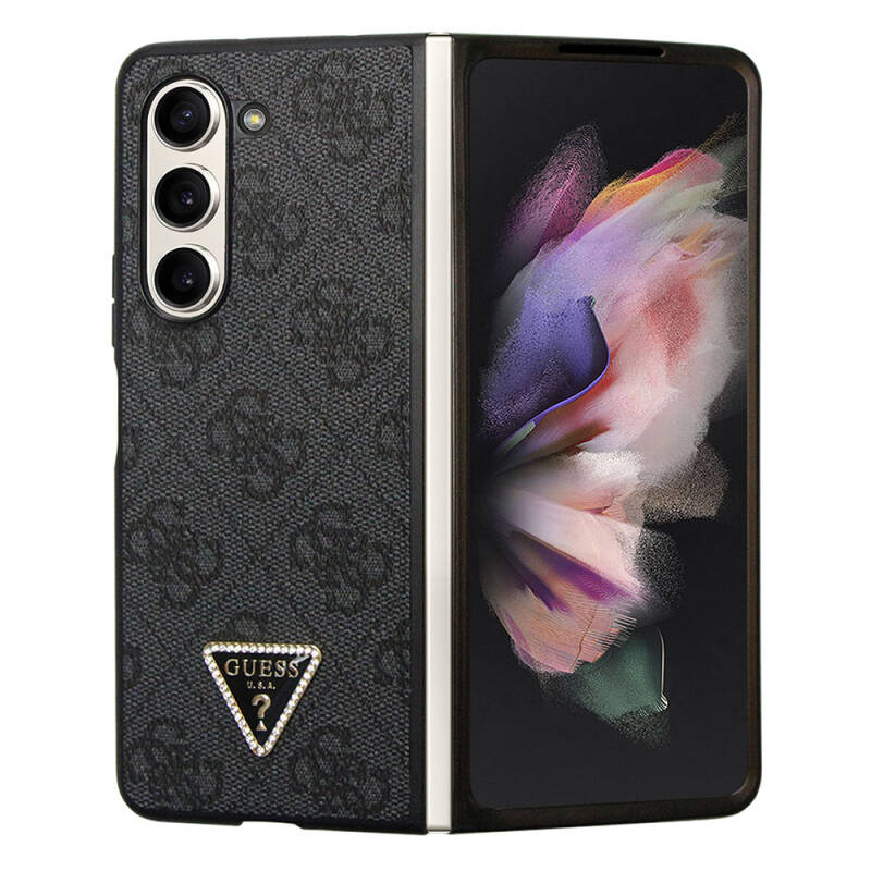 Galaxy Z Fold 5 Case Guess Original Licensed PU Leather Stoned Triangle Logo 4G Patterned Strass Cover - 8