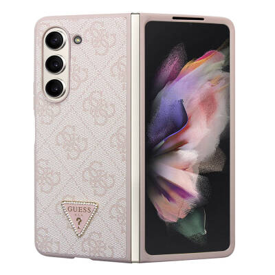 Galaxy Z Fold 5 Case Guess Original Licensed PU Leather Stoned Triangle Logo 4G Patterned Strass Cover - 15