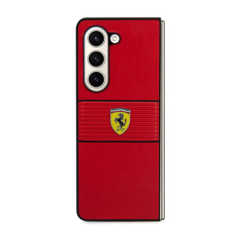 Galaxy Z Fold 5 Kılıf Ferrari Orjinal Lisanslı PU Deri Metal Logolu Multi Çizgili Kapak - 10