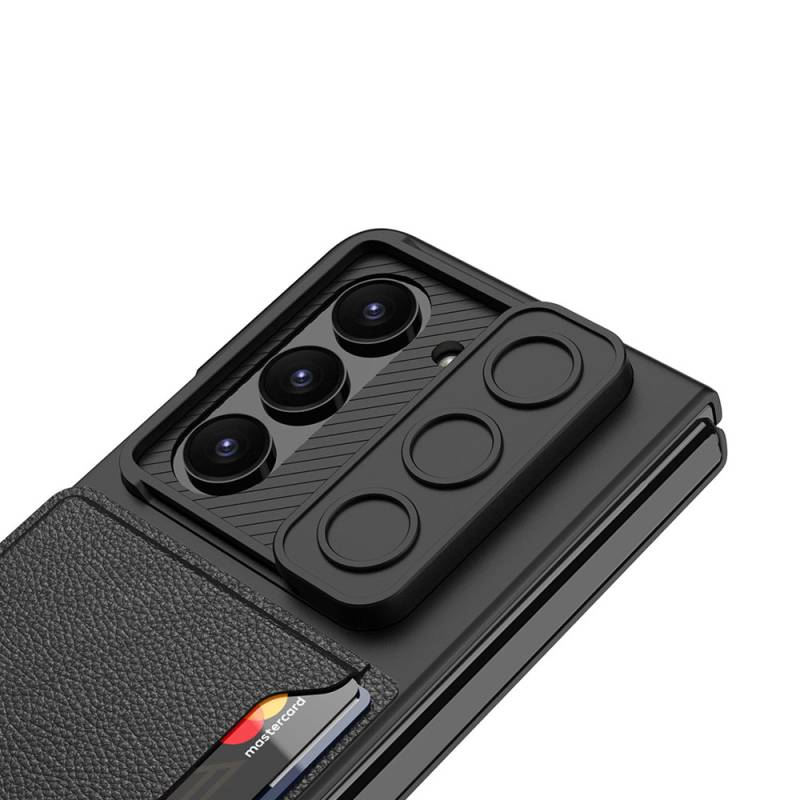 Galaxy Z Fold 5 Suni Deri Arka Yüzey Sürgülü Kamera Korumalı Zore Kartlıklı Kıpta Silikon Kapak - 4