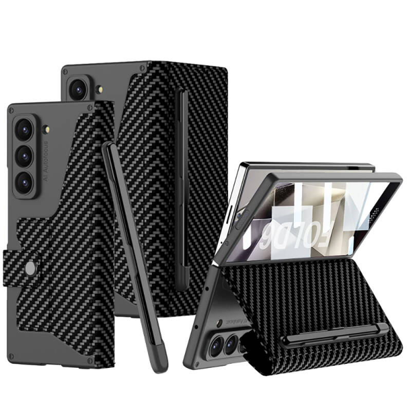 Galaxy Z Fold 6 Case Camera Protected Carbon Design Zore Kıpta Pen Compartment Fest Cover - 1