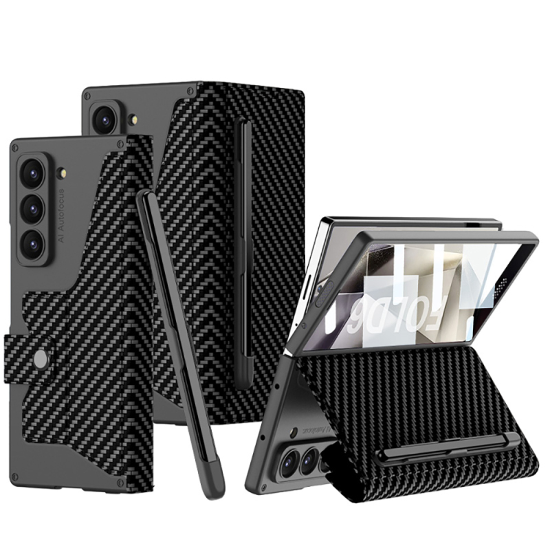 Galaxy Z Fold 6 Case Camera Protected Carbon Design Zore Kıpta Pen Compartment Fest Cover - 4