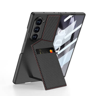 Galaxy Z Fold 6 Case Carbon Fiber Card Holder Zore Kipta Vertical Opening Card Holder Cover - 2