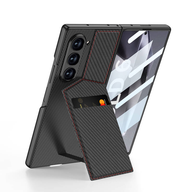 Galaxy Z Fold 6 Case Carbon Fiber Card Holder Zore Kipta Vertical Opening Card Holder Cover - 1