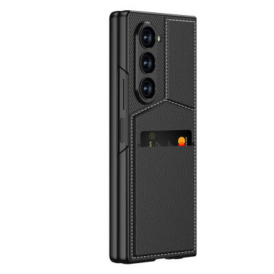 Galaxy Z Fold 6 Case Carbon Fiber Leather Card Holder Zore Kipta Vertical Opening Card Holder Cover - 5