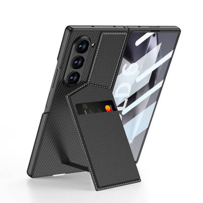 Galaxy Z Fold 6 Kılıf Karbon Fiber Deri Kartlıklı Zore Kıpta Dik Açılan Kartlıklı Kapak - 2