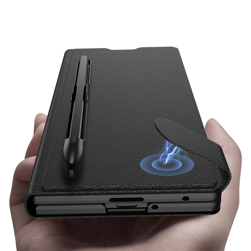 Galaxy Z Fold 7 Suni Deri Tasarımlı Kalem Bölmeli Zore Kıpta Kartlıklı Standlı Kapak - 4