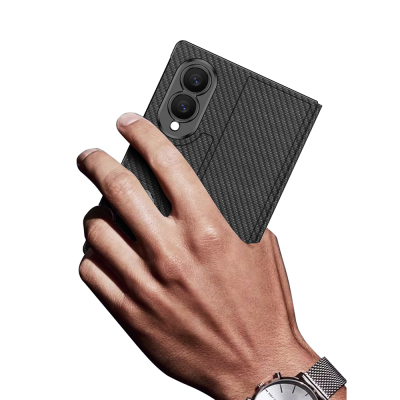 Galaxy Z Fold 8 Kılıf Karbon Fiber Tasarımlı Magnetik Tokalı Kartlıklı Zore Kıpta Zegna Kapak - 9