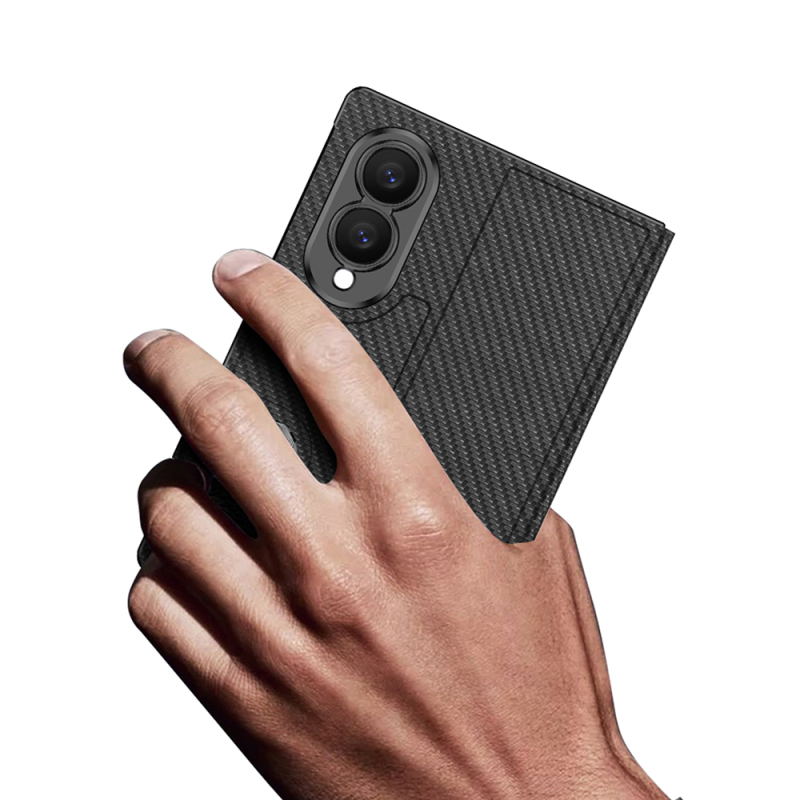 Galaxy Z Fold 8 Kılıf Karbon Fiber Tasarımlı Magnetik Tokalı Kartlıklı Zore Kıpta Zegna Kapak - 5