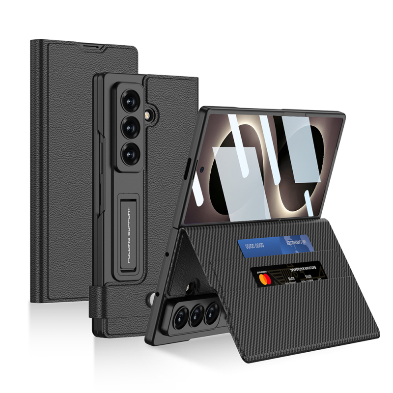 Galaxy Z Fold 8 Ultra Suni Deri Tasarımlı Zore Kıpta Kartlıklı Standlı Kapak - 3