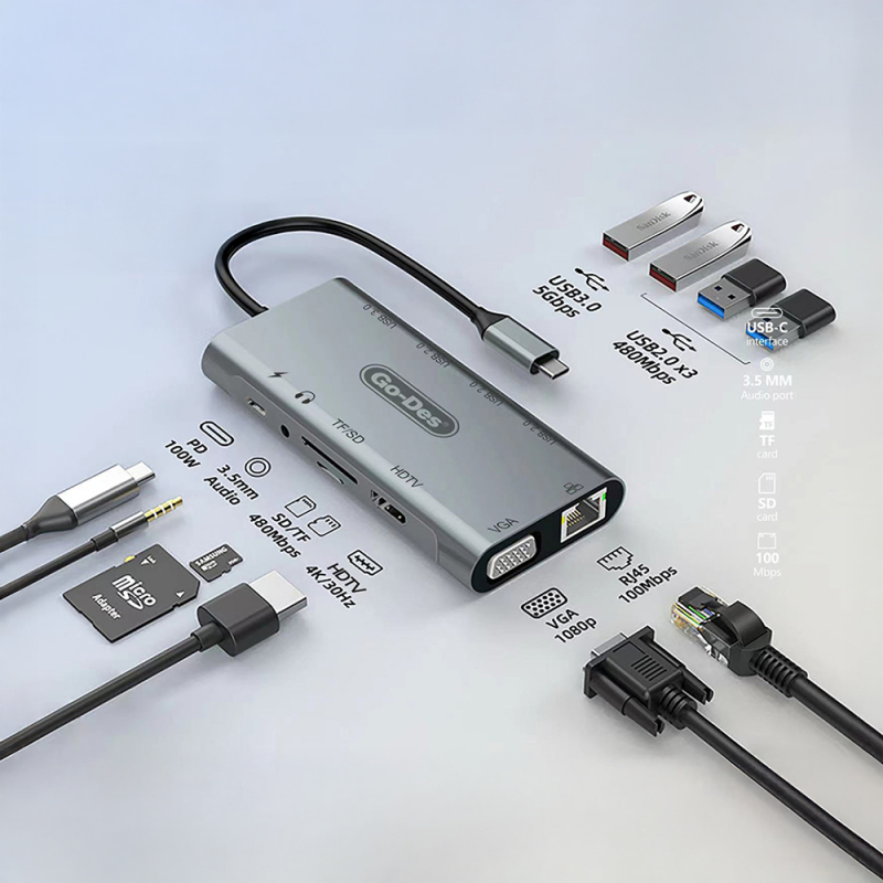 Go Des GD-6907 11 in 1 Type-C Hub SD Kart-RJ45-HDMI-VGA-Usb Çoğaltıcı - 3