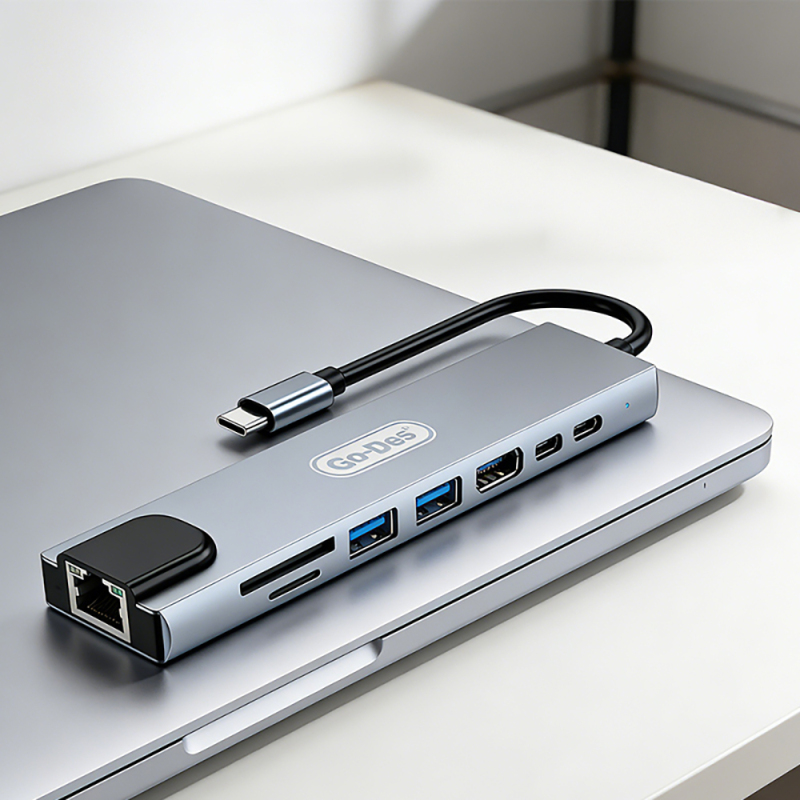 Go Des GD-9218 Type-C Bağlantılı 8in1 USB3.0 + PD + Hdmi 4K Ultra HD + RJ45 + SD/TF Bağlantılı Hub Adaptör - 3