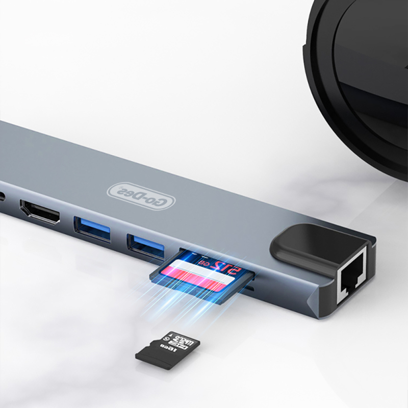 Go Des GD-9218 Type-C Bağlantılı 8in1 USB3.0 + PD + Hdmi 4K Ultra HD + RJ45 + SD/TF Bağlantılı Hub Adaptör - 4