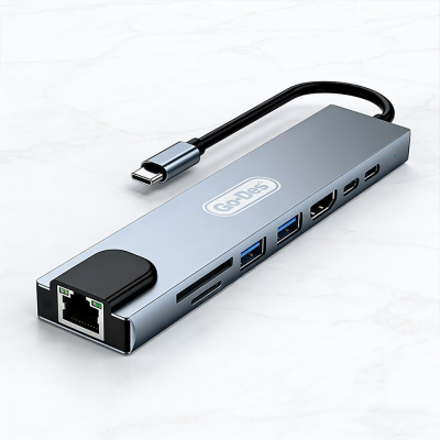 Go Des GD-9218 Type-C Bağlantılı 8in1 USB3.0 + PD + Hdmi 4K Ultra HD + RJ45 + SD/TF Bağlantılı Hub Adaptör - 6
