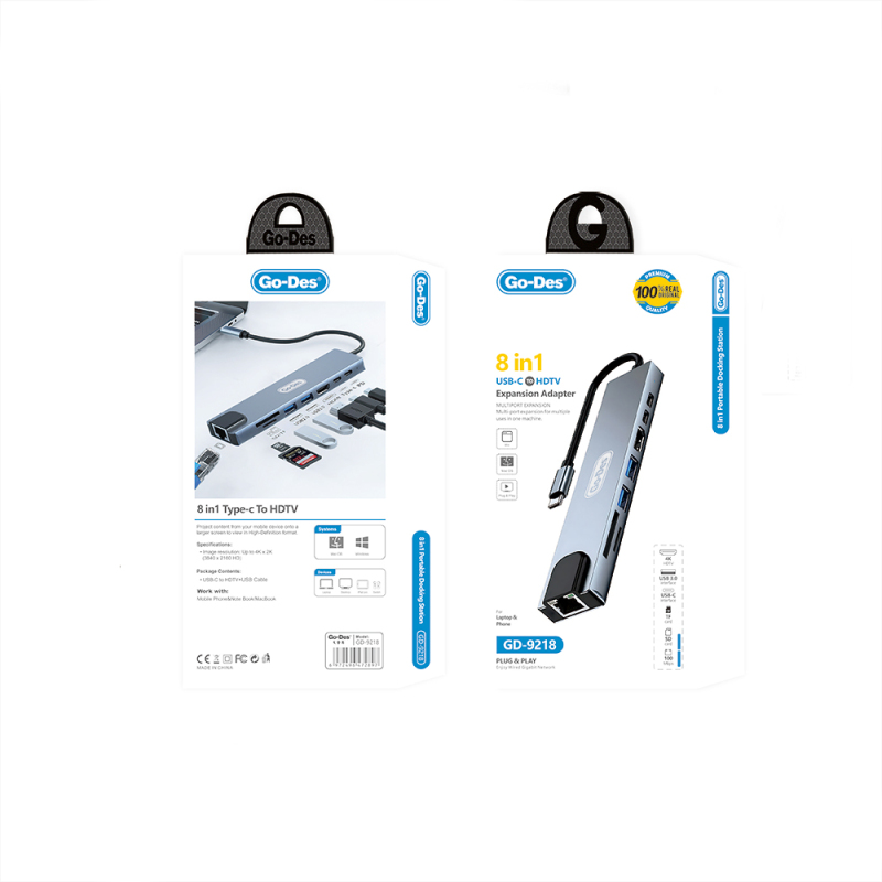 Go Des GD-9218 Type-C Bağlantılı 8in1 USB3.0 + PD + Hdmi 4K Ultra HD + RJ45 + SD/TF Bağlantılı Hub Adaptör - 7