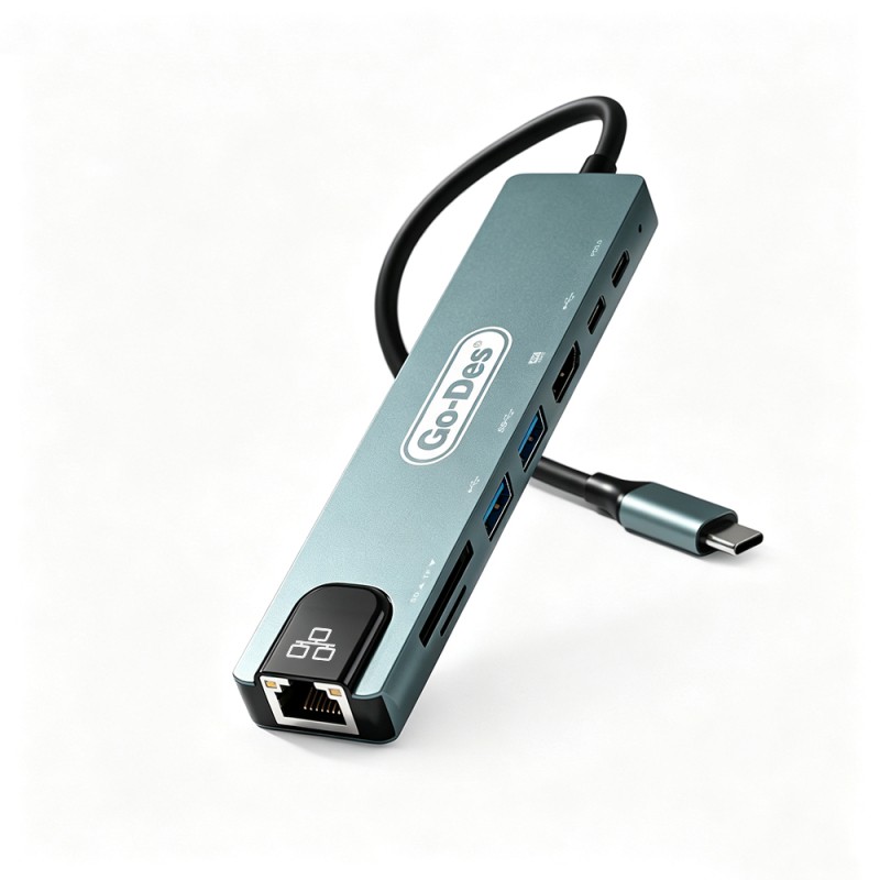 Go Des GD-9230 Type-C Bağlantılı 8in1 USB3.0 + PD + Hdmi 4K Ultra HD + RJ45 + SD/TF Bağlantılı Hub Adaptör - 2