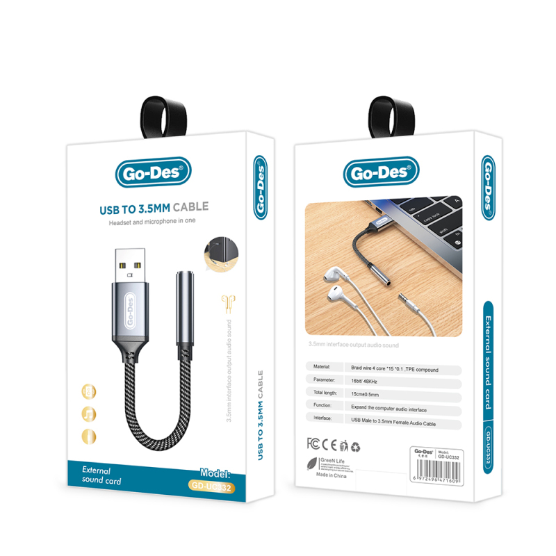 Go Des GD-UC332 USB-A to 3.5mm Aux Converter Audio Adapter - 3