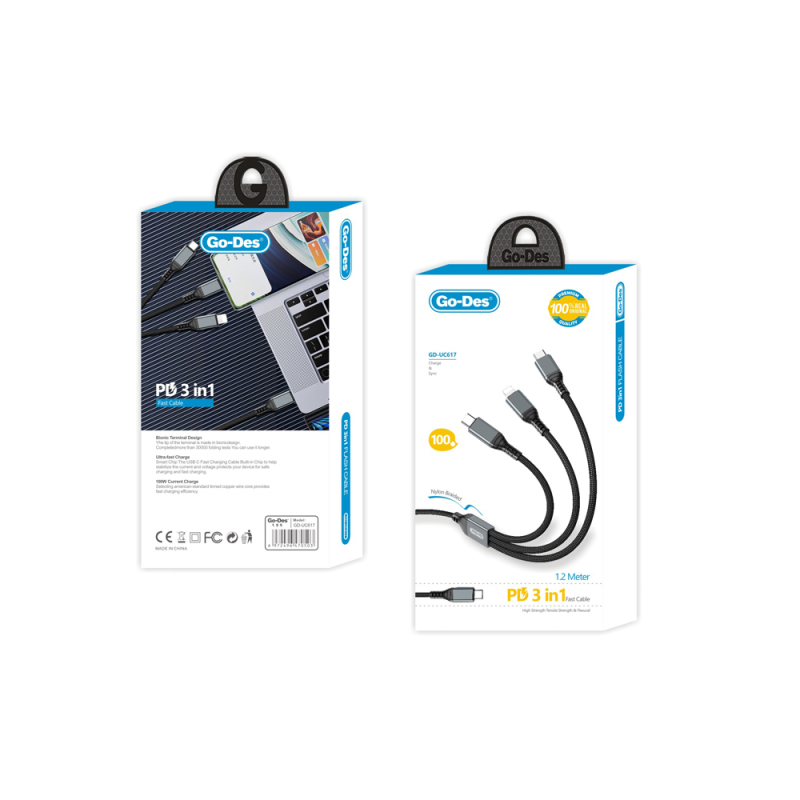 Go-Des GD-UC617 3in1 Type-C to Lightning – Type-C – Type-C Ultra Hızlı PD Şarj Kablosu 100W 1.2M - 3