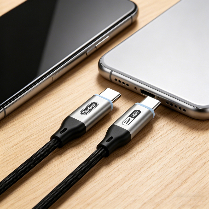 Go Des GD-UC685 Type-C to Type-C Örgü Tasarımlı Hızlı Şarj Özellikli Data ve Şarj Kablosu 140W 1.8M - 2