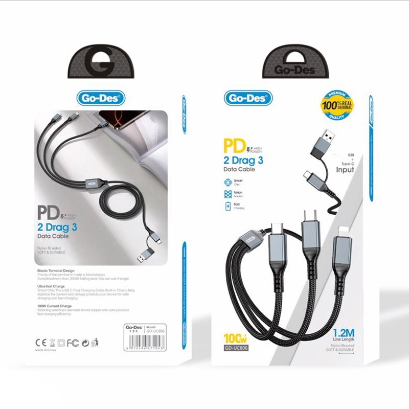 Go Des GD-UC806 3in2 Lightning – Type-C – Type-C Fast Charging Cable 100W 1M - 4