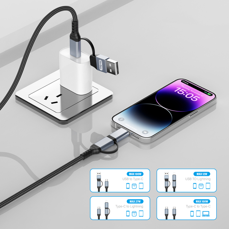 Go Des GD-UC809 4-in-1 PD Multi-USB-A + Type-C to Type-C + Lightning Charging and Data Cable 100W 120cm - 4