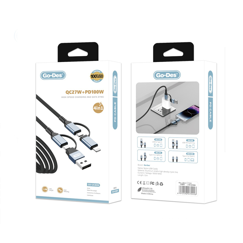 Go Des GD-UC809 4-in-1 PD Multi-USB-A + Type-C to Type-C + Lightning Charging and Data Cable 100W 120cm - 5