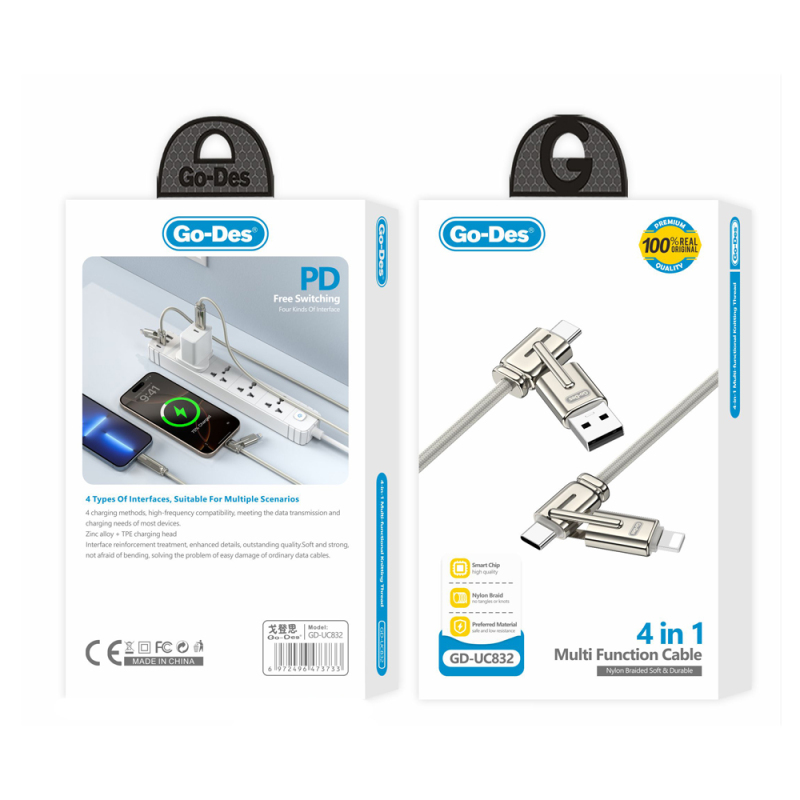 Go Des GD-UC832 4in1 PD Çoklu USB-A + Type-C to Type-C + Lightning Şarj ve Data Kablosu - 7