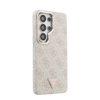 Guess Galaxy S26 Ultra Case Original Licensed M-safe Charging Enabled Gold Metal Camera Frame Rhinestone Triangle Logo 4G Patterned Cover - 12