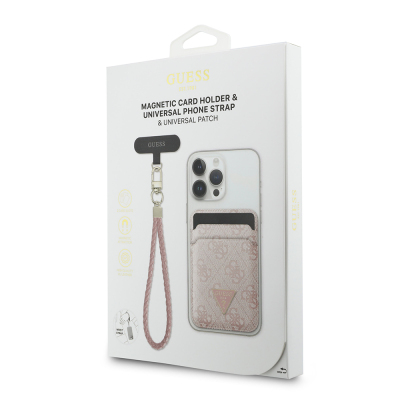 Guess Original Licensed 2-in-1 Wrist Strap Cord 4G Patterned Metal Triangle Logo Magnetic Card Holder - 18