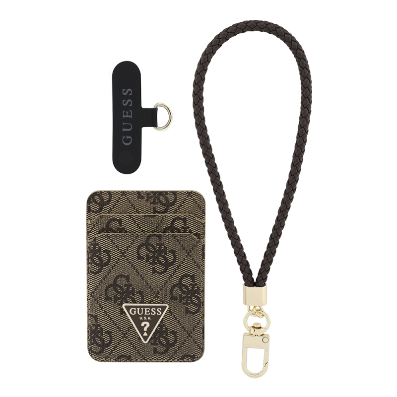 Guess Original Licensed 2-in-1 Wrist Strap Cord 4G Patterned Metal Triangle Logo Magnetic Card Holder - 1