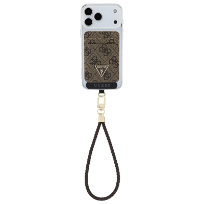 Guess Original Licensed 2-in-1 Wrist Strap Cord 4G Patterned Metal Triangle Logo Magnetic Card Holder - 4