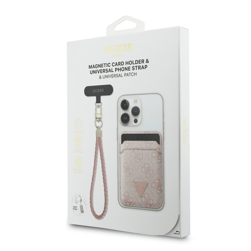 Guess Original Licensed 2-in-1 Wrist Strap Cord 4G Patterned Metal Triangle Logo Magnetic Card Holder - 18
