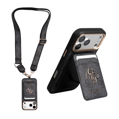 Guess Original Licensed 4G Case with Logo and Text for Apple iPhone 17 Pro + Card Holder + Lanyard 3-in-1 Accessory Set - 1