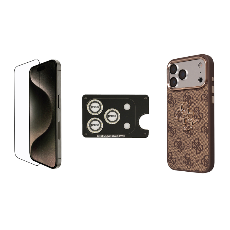 Guess Original Licensed Large 4G and Text Logo Case + Screen Protector + Lens Protector 3-in-1 Accessory Set for Apple iPhone 17 Pro Max. - 1
