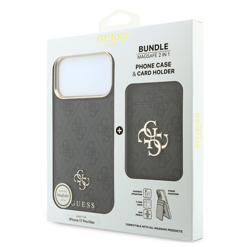 Guess Original Licensed M-safe Case for Apple iPhone 17 Pro Max with Charging Enabled, 4G, Large Metal Logo, and Card Holder. - 22