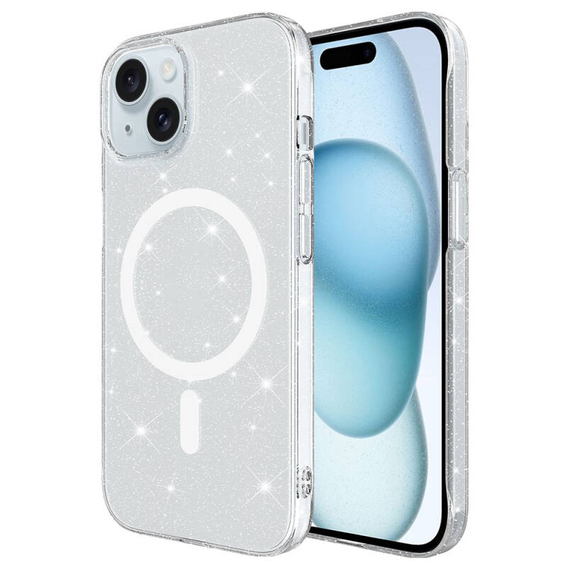 iPhone 14 Plus Case Zore Magsafe Charging Featured Glittered Transparent Back Surface Erdos Silicone Cover - 1
