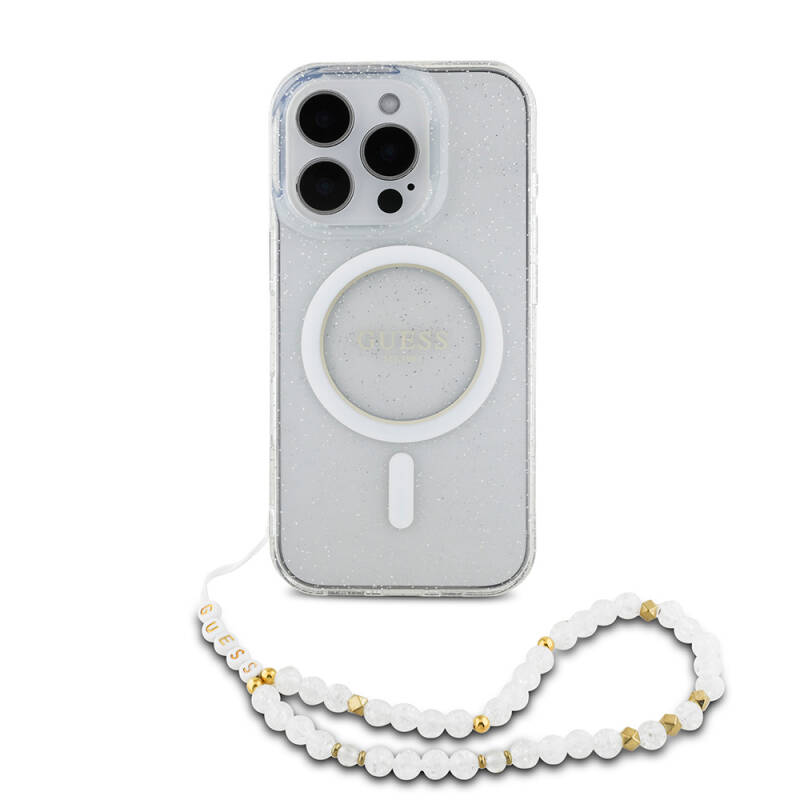 iPhone 16 Pro Case Guess Original Licensed Magsafe Charging Featured Silvery Silicone Pearl Bracelet Cover - 4