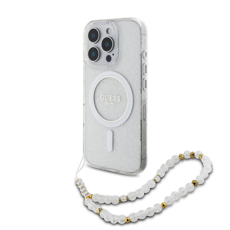 iPhone 16 Pro Case Guess Original Licensed Magsafe Charging Featured Silvery Silicone Pearl Bracelet Cover - 21