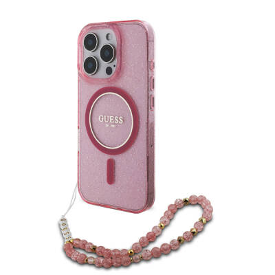 iPhone 16 Pro Case Guess Original Licensed Magsafe Charging Featured Silvery Silicone Pearl Bracelet Cover - 14