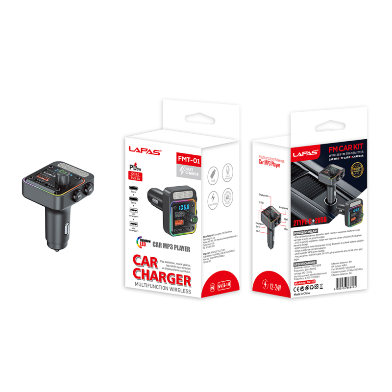 Lapas FMT-01 36W Hızlı Şarj Destekli Dijital Göstergeli Bluetooth FM Transmitter - 5