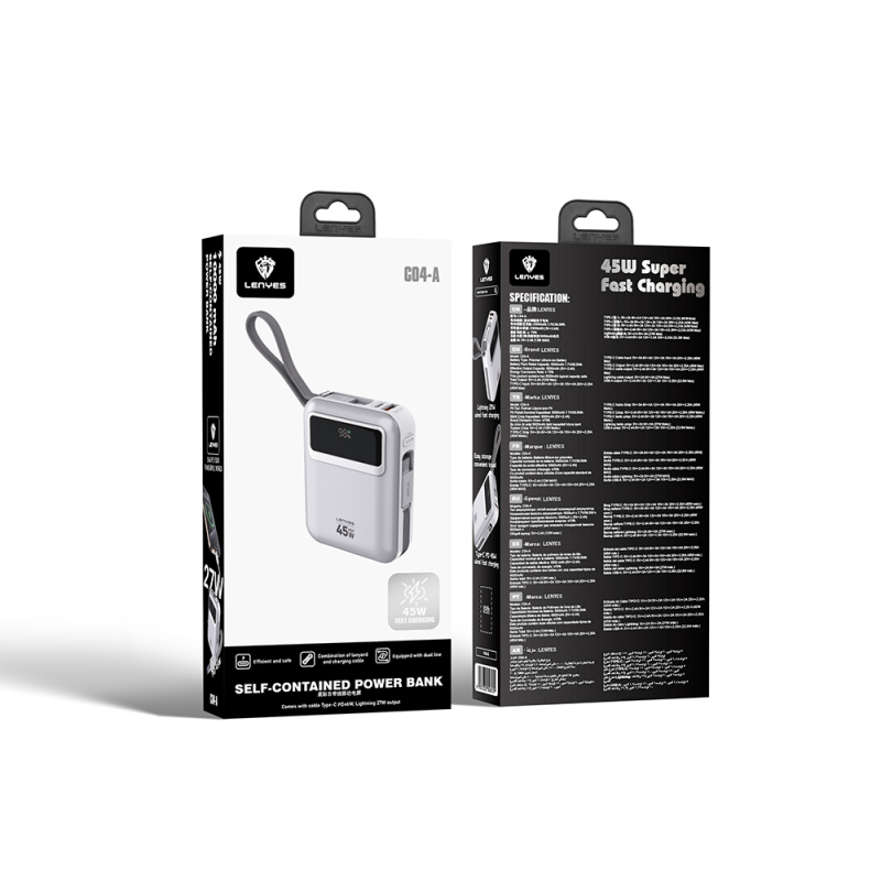 Lenyes C04-A Powerbank 45W 20,000mAh with Digital LED Display, Type-C and Lightning Cable - 8