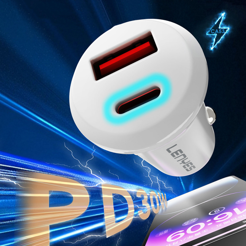 Lenyes CA53 Hızlı Şarj Özellikli Dual Type-C + USB-A Portlu Mini Araç Şarj Aleti 30W - 7